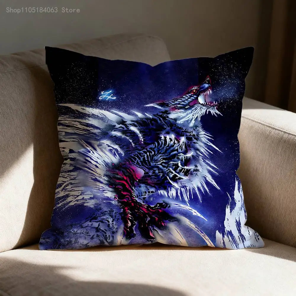 A dark blue and purple printed cushion cover featuring a fierce Monster Hunter Rathalos and Nargacuga dragon silhouette again