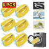 Six yellow canvas shoe laundry bags with mesh netting shown next to a washing machine.