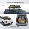 Versatile cargo solution showing heavy duty retractable ratchet tie-down straps being used on a car roof rack and a truck.