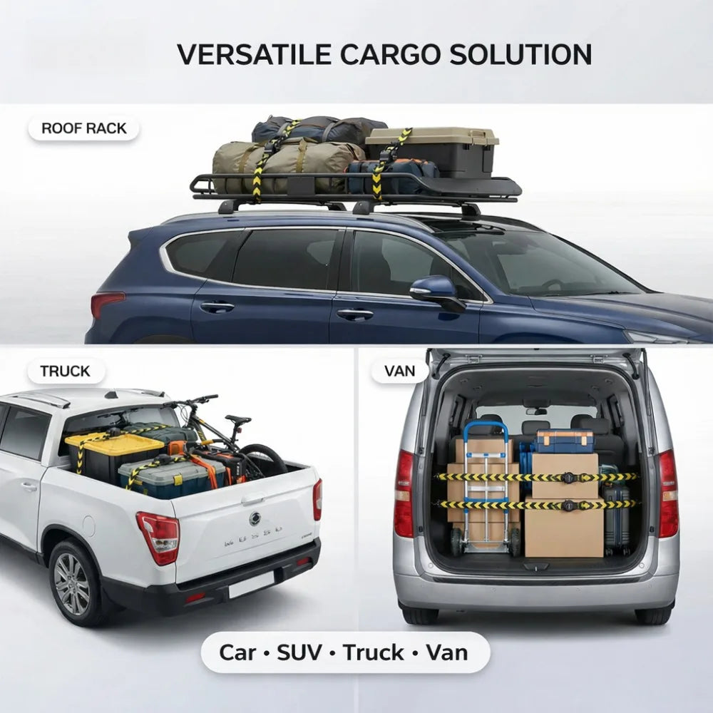 Versatile cargo solution showing heavy duty retractable ratchet tie-down straps being used on a car roof rack and a truck.