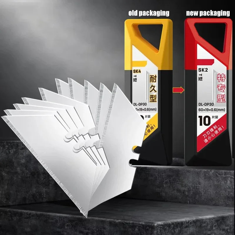 Comparison of old and new packaging for SK4 and SK2 utility knife blades.