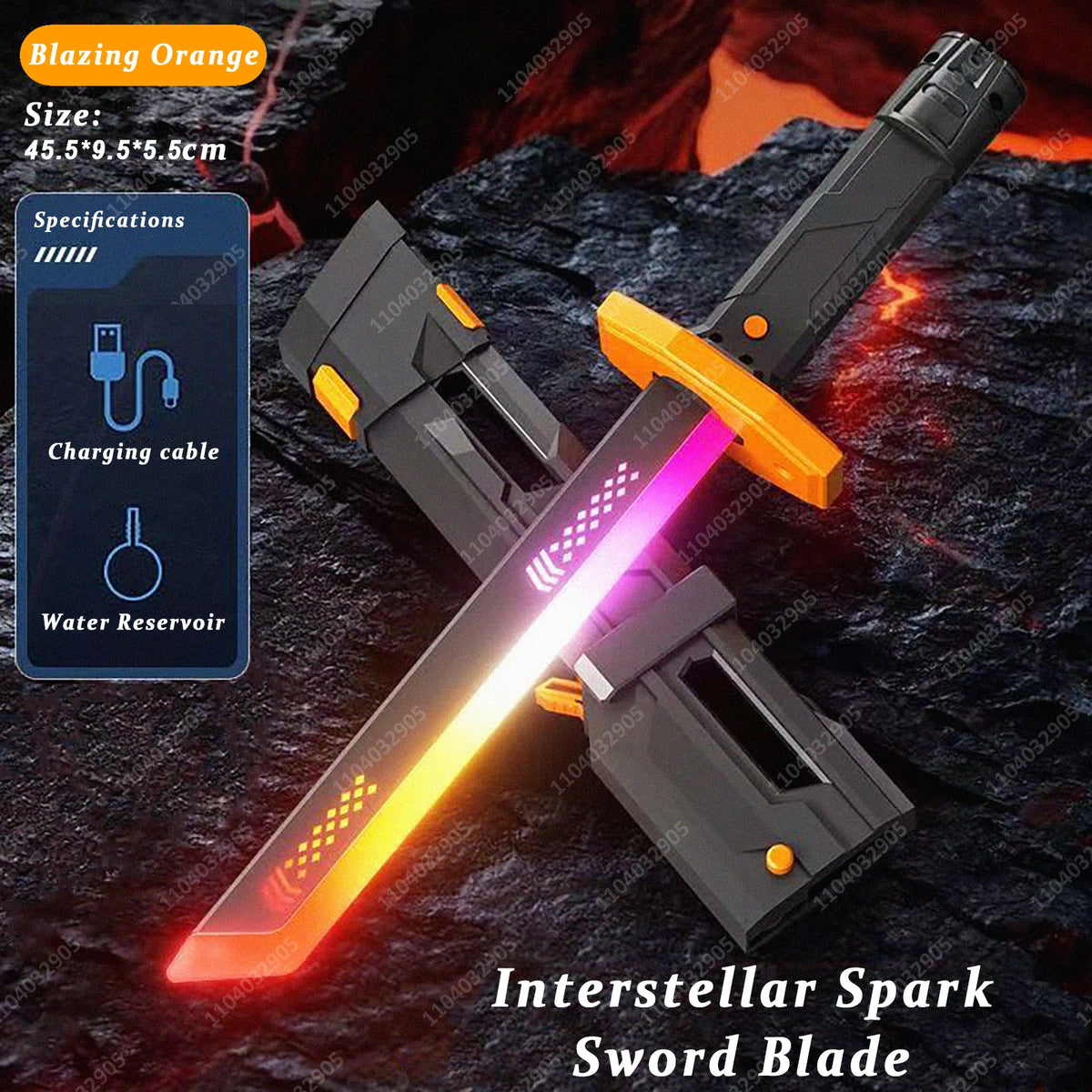A black and orange Interstellar Spark Sword blade with glowing effects and a charging cable shown against a dark background.