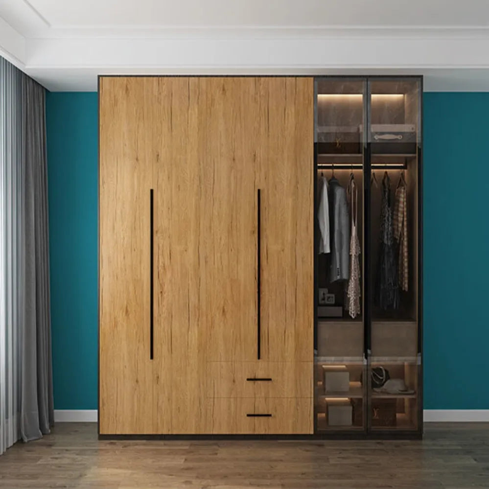 A tall wooden cabinet with a large door and glass display shelves against a teal wall.