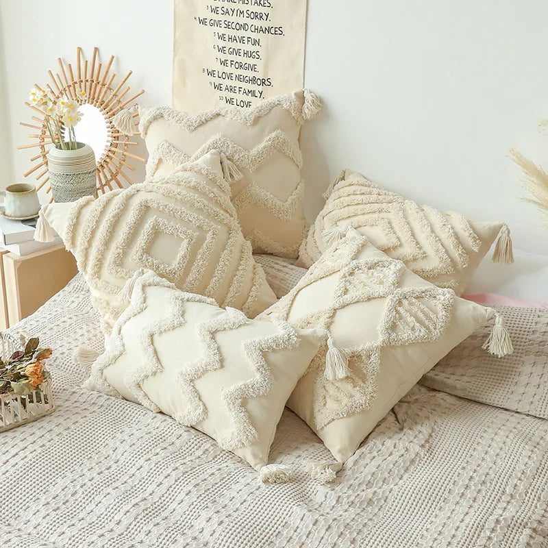 Housse de Coussin en Coton Bouffant avec Frange