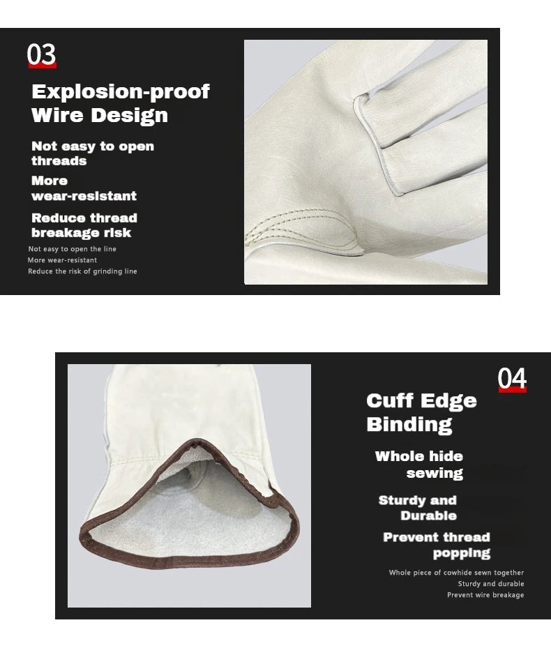 Close-up of a light-colored leather glove showing explosion-proof wire design and cuff edge binding details.