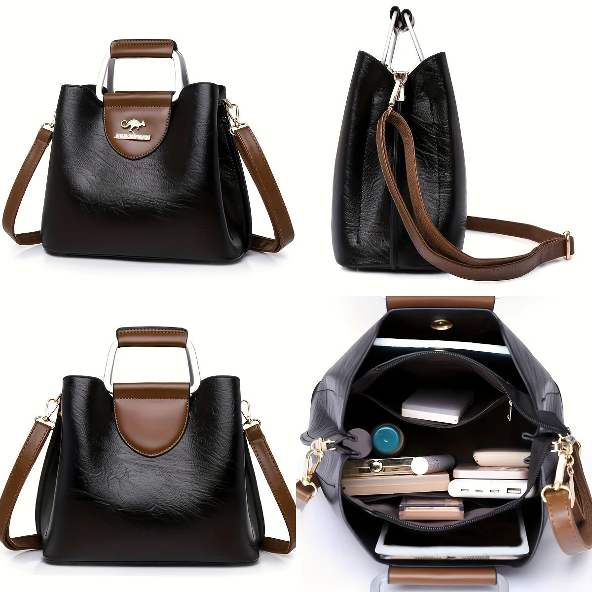 A black leather vintage crossbody tote bag with brown trim and multiple interior pockets.