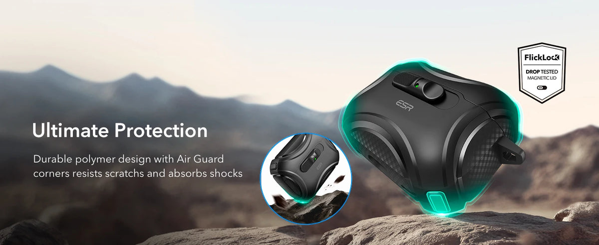 A black AirPods Pro 3 case with a magnetic lock, demonstrating durable polymer design and shock absorption.