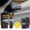 A tube of Scratch Repair wax product next to a car door, showing before and after results on a surface.