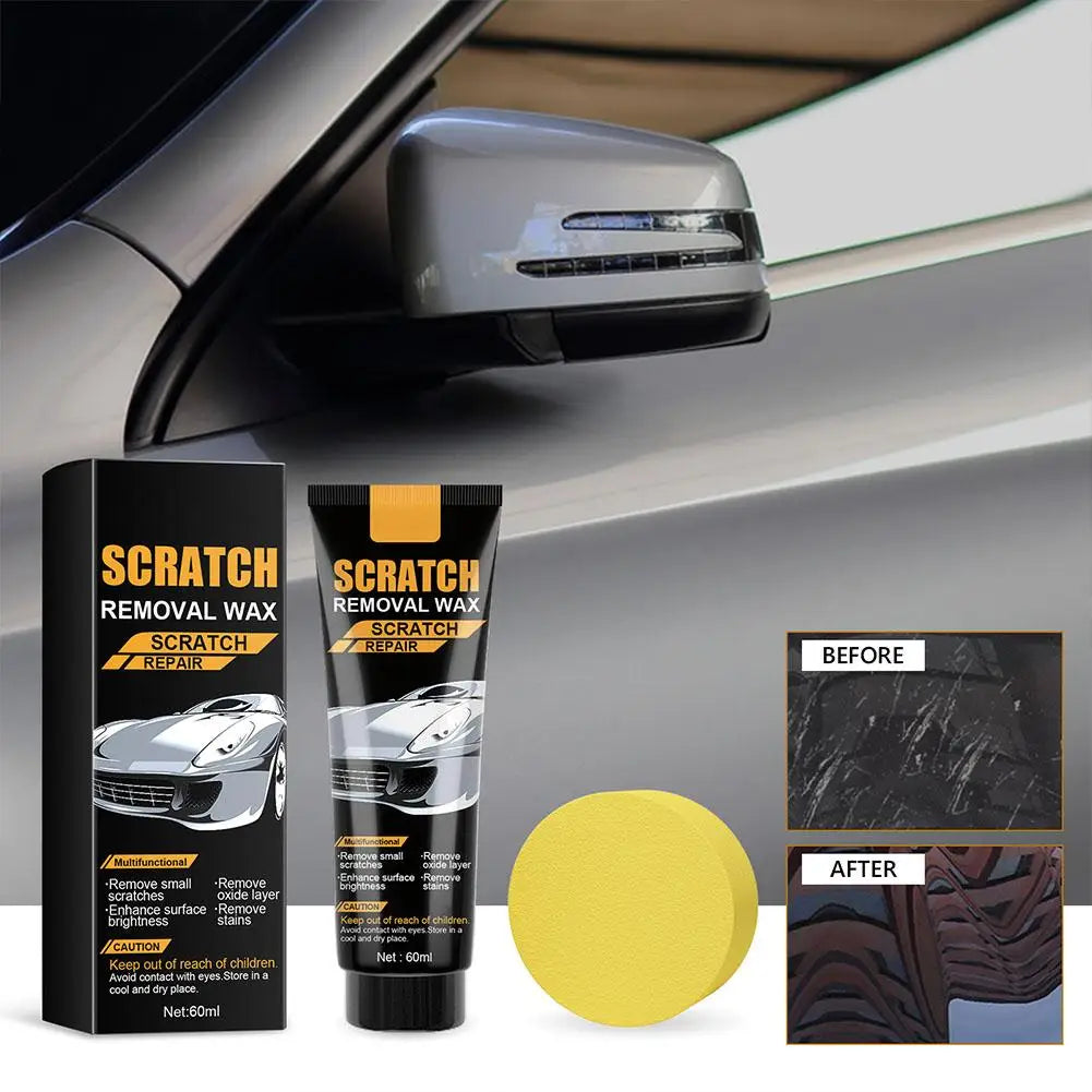 A tube of Scratch Repair wax product next to a car door, showing before and after results on a surface.