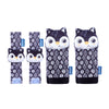 A set of four black and white baby wrist and foot rattles featuring owl designs.