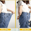 A comparison showing no-sew adjustable waist tightener buttons for jeans before and after use.