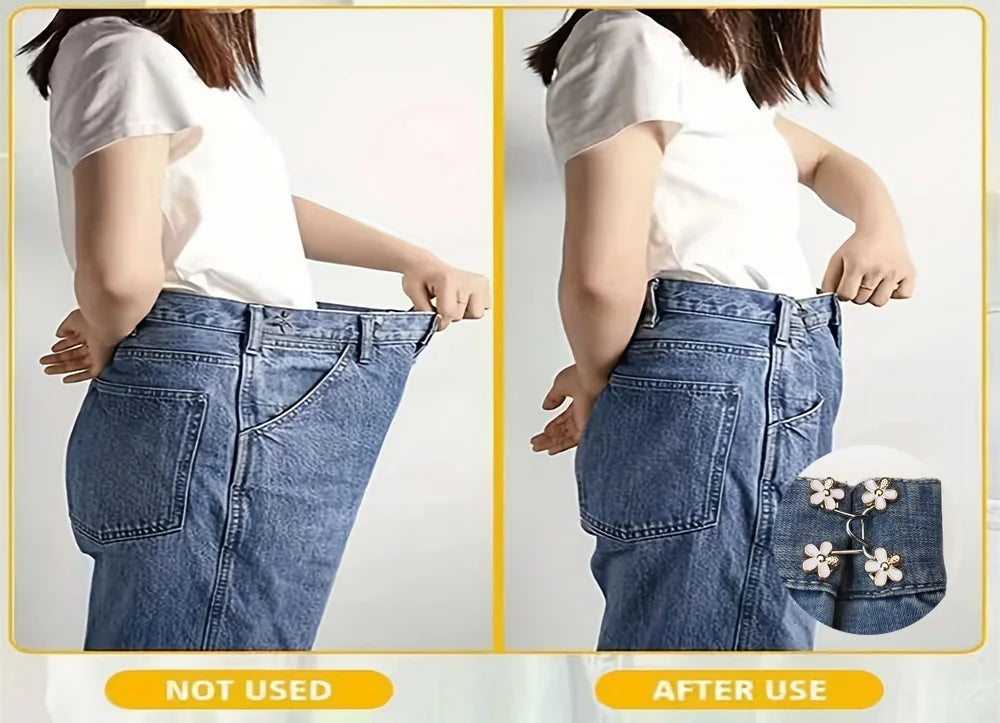 A comparison showing no-sew adjustable waist tightener buttons for jeans before and after use.