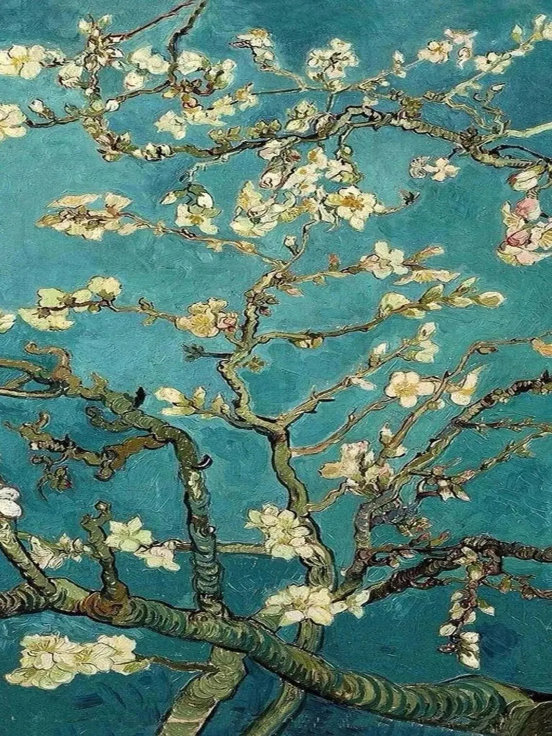 Close-up of a diamond painting depicting flowering branches against a teal sky.