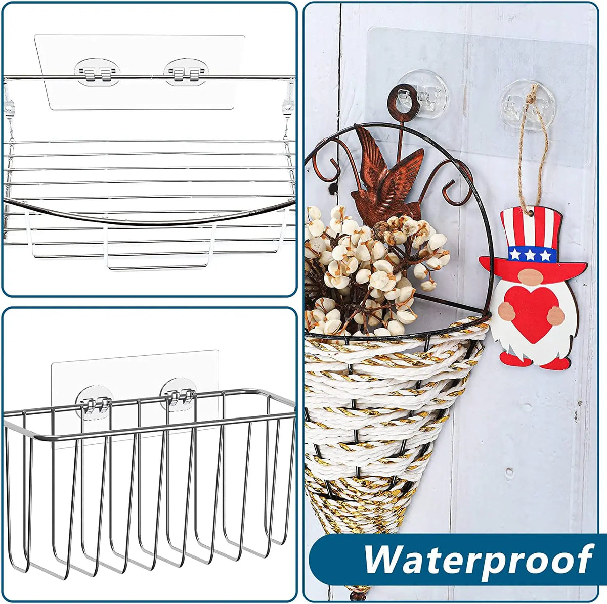 A set of no-drill adhesive hooks and a decorative hanging basket for plant or decor