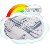 A ball of light gray and white milk cotton blend yarn is shown against a background with a rainbow and cloud graphic.