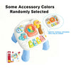 A white interactive baby learning table with colorful buttons and animal figures, showing randomly selected accessory colors.