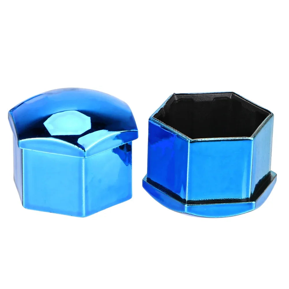 A set of two blue anti-rust wheel nut caps, showing the top and bottom views.