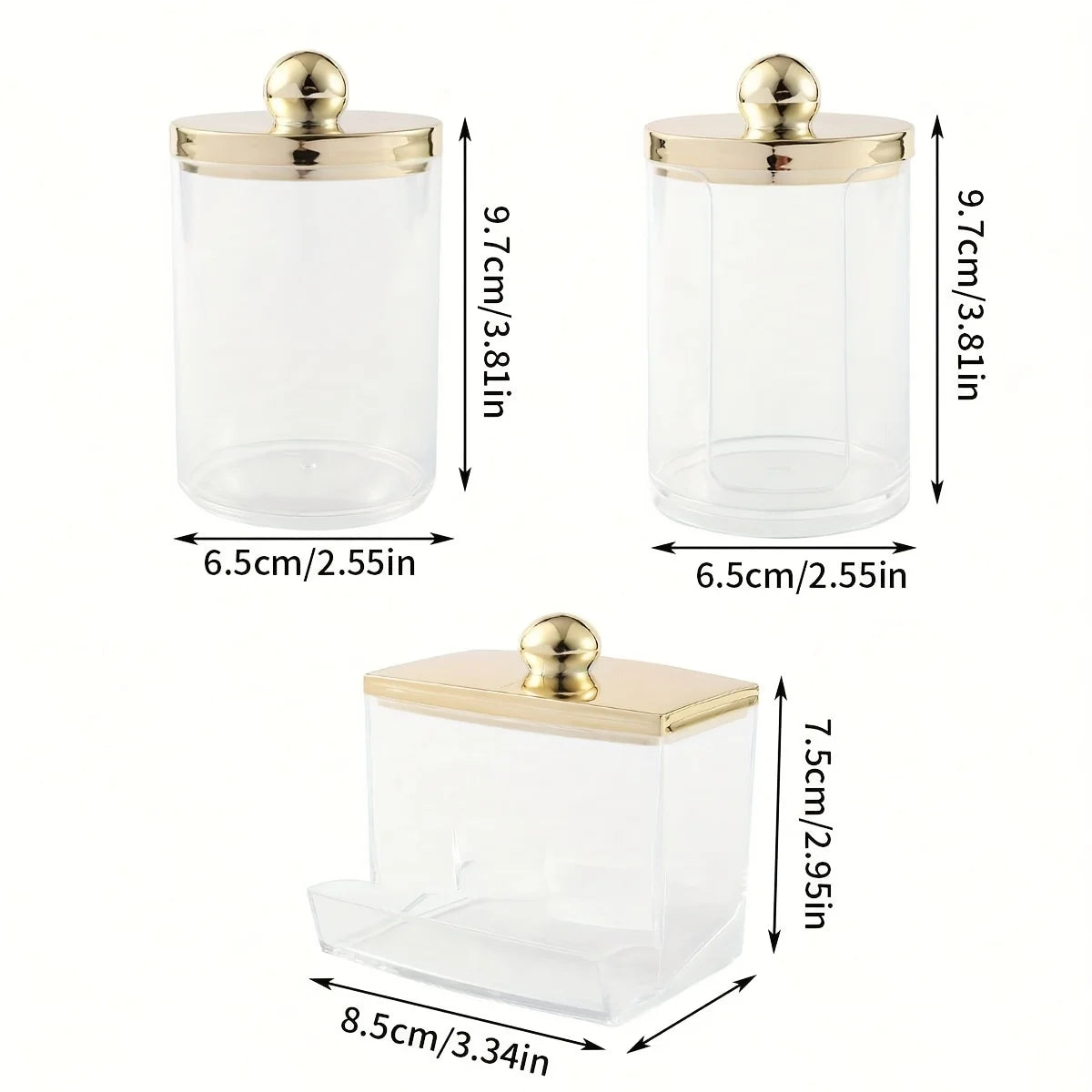 Clear glass apothecary jar with a golden lid, used for cotton balls and swabs.