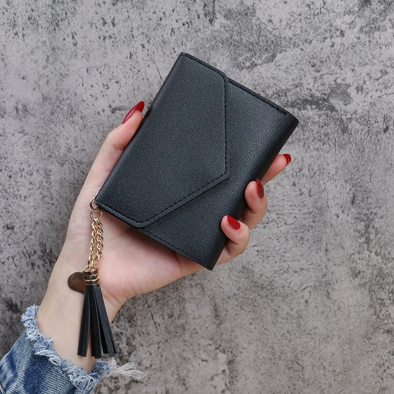 Compact PU Leather Clutch Wallet with Tassel