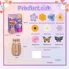 A product size guide showing various sizes of fabric poking art kits, including flowers and butterflies.