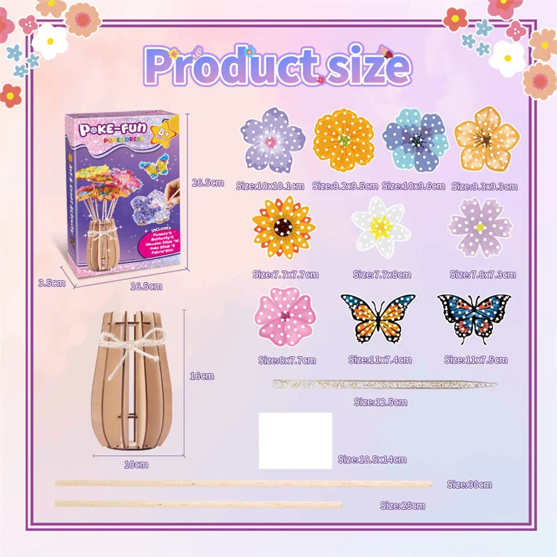 A product size guide showing various sizes of fabric poking art kits, including flowers and butterflies.
