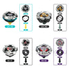 A set of metal gyro spinning tops including various components and launchers like the UX-08, UX-06, DX-01, and DX-02.
