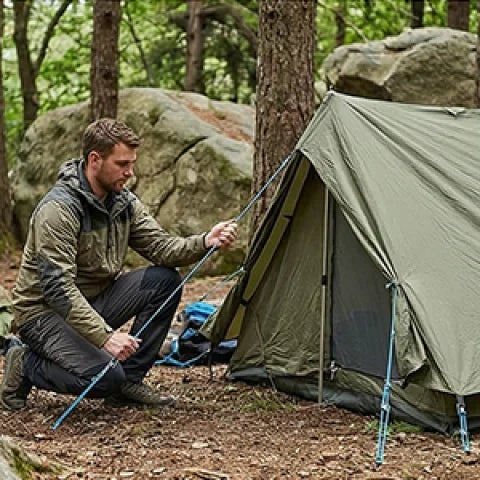 A man in outdoor gear is setting up a tent in a wooded area using a rope tensioner.