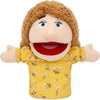 A soft hand puppet with brown curly hair and a yellow floral shirt, featuring a movable mouth for kids.