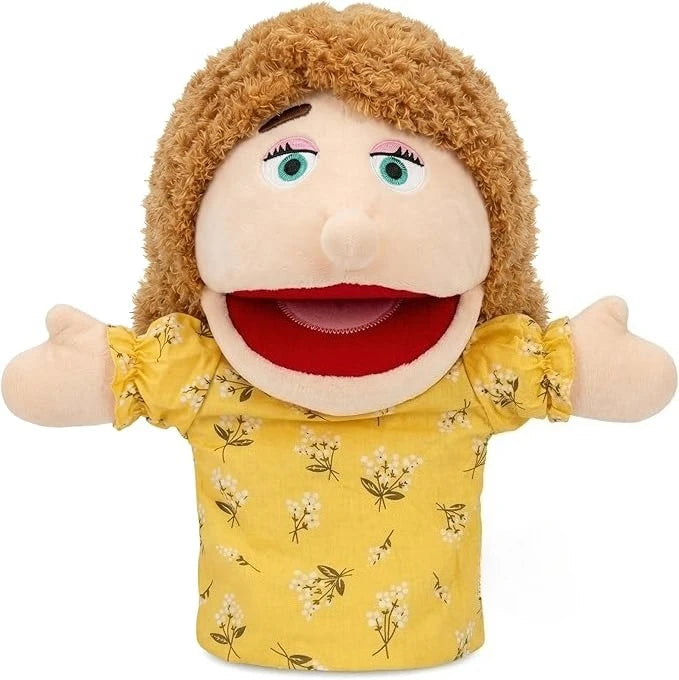 A soft hand puppet with brown curly hair and a yellow floral shirt, featuring a movable mouth for kids.