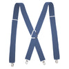 A pair of navy blue classic X-back adjustable suspenders with metal clips.
