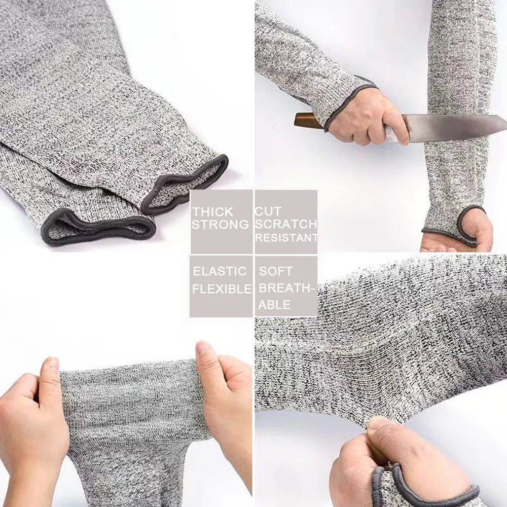 Close-up view of gray knit cut-resistant arm sleeves being worn on an arm.