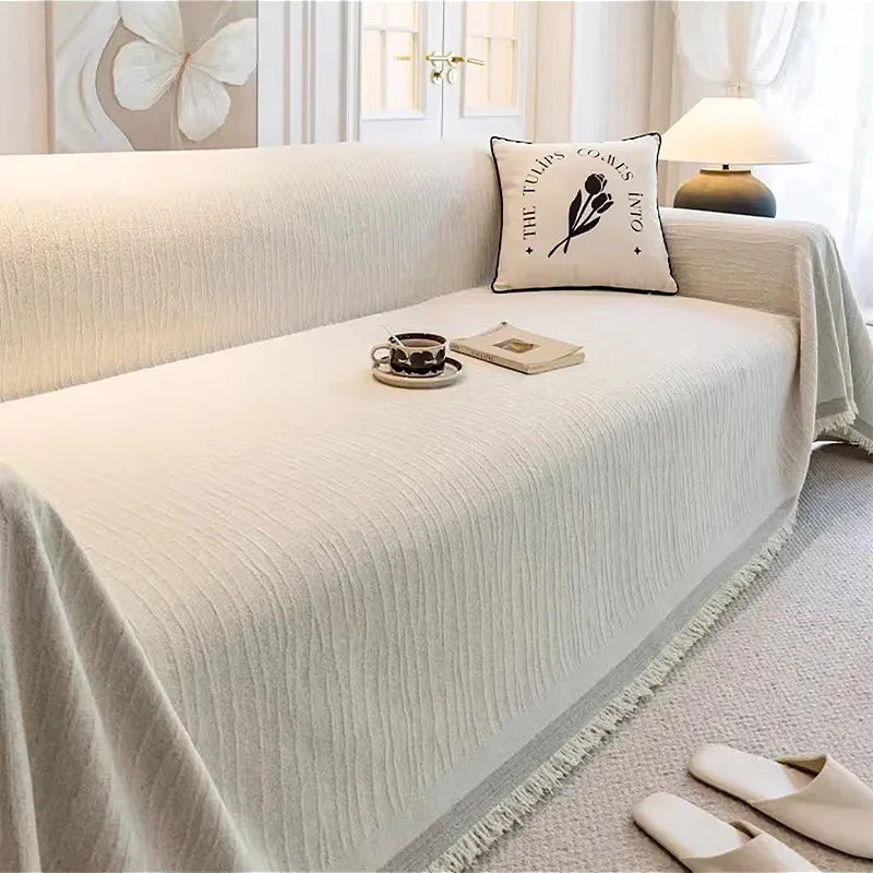 Thick Chenille Sofa Cover with Tassel Fringe — Scratch Resistant & Reversible