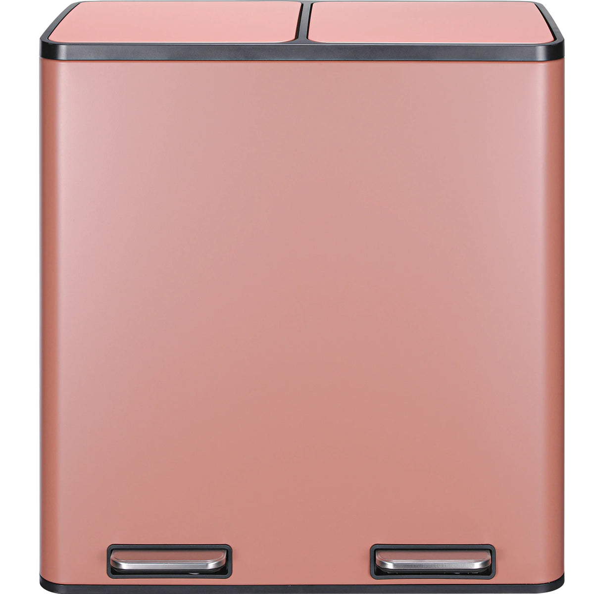 A rectangular, matte pink recycling trash can with a dark trim and two visible openings on the bottom.