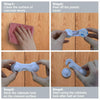 Four steps showing how to clean a surface and install adhesive baby proof cabinet locks on doors.