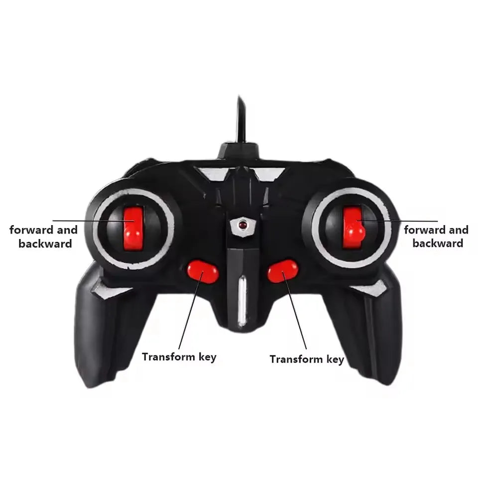 A black 2-in-1 transforming RC car and robot toy with red buttons labeled for forward and backward movement.