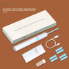 A white smart visual ear cleaner device with a light and cable, along with accessories like bottles and covers.