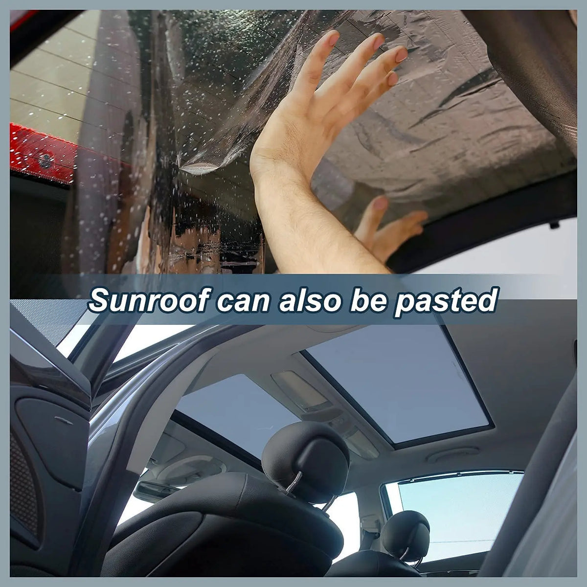 A hand is applying a film to a car window, demonstrating how sunroof can be pasted.
