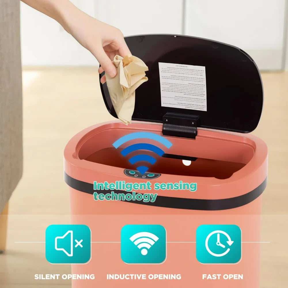 A hand opens an automatic touchless trash can with intelligent sensing technology, featuring silent opening and inductive ope