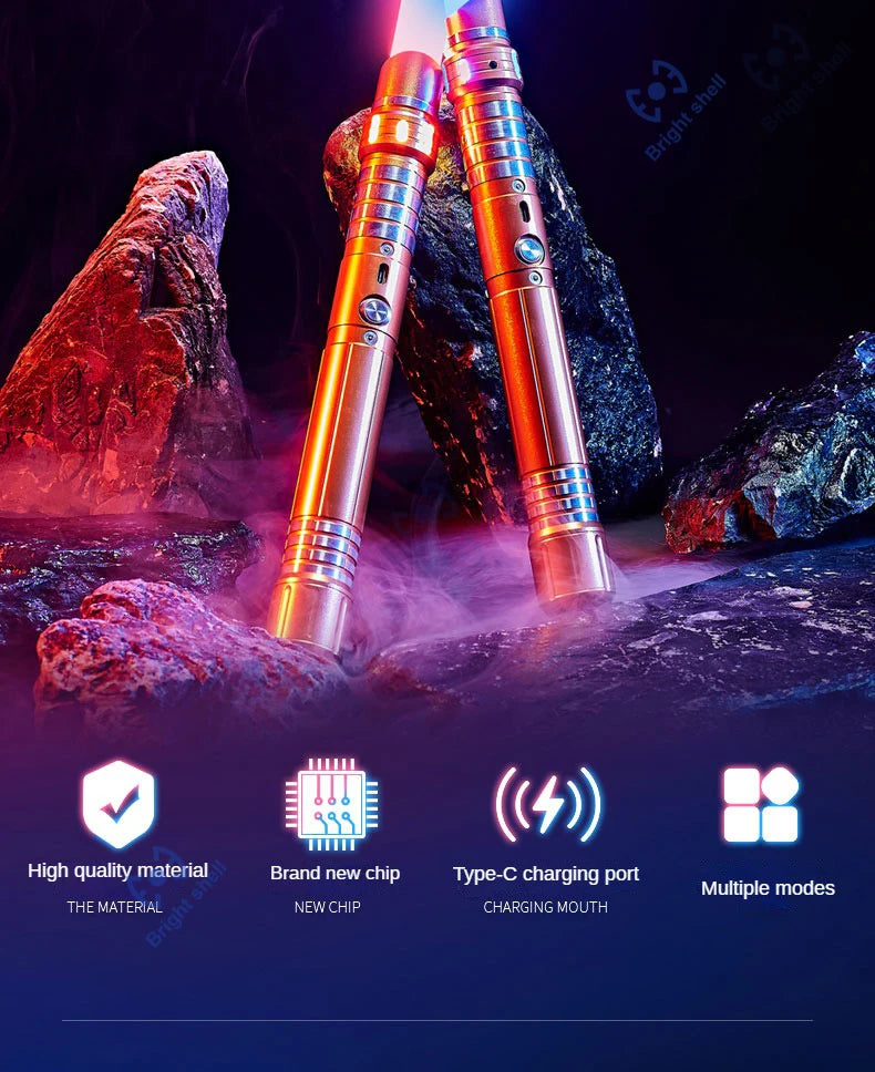 Close-up of an RGB metal lightsaber with a glowing blade and multiple modes displayed against a dark, rocky background.