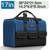 A blue and black heavy duty tool bag with a handle and multiple pockets is shown.