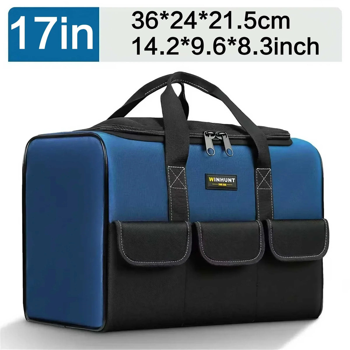 A blue and black heavy duty tool bag with a handle and multiple pockets is shown.