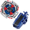 A Beyblade starter set featuring a silver launcher, a red and blue phoenix wing, and a blue drumsword.