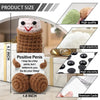 Hand-crocheted brown positive energy doll with ears and a card shown next to size measurements.