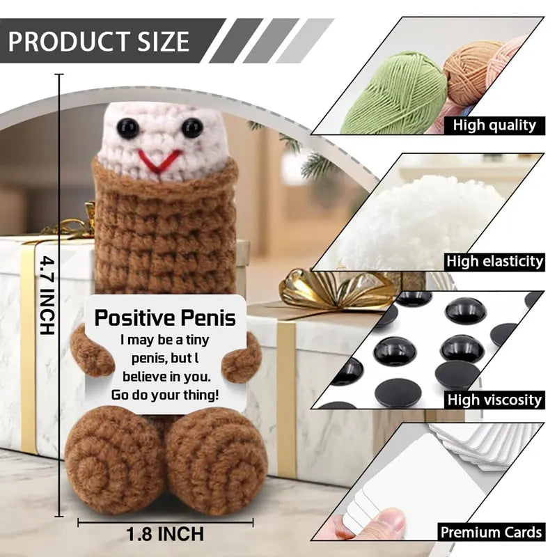 Hand-crocheted brown positive energy doll with ears and a card shown next to size measurements.