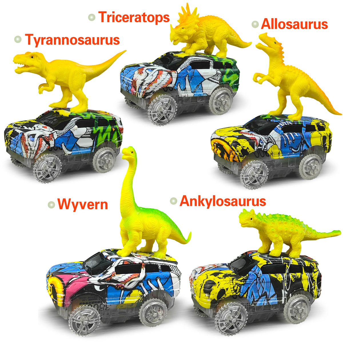 A collection of dinosaur-themed off-road cars featuring Triceratops, Allosaurus, and Wyvern models.