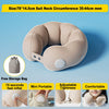 A beige inflatable U-shaped travel neck pillow shown with a storage bag and demonstrating its portable and comfortable featur