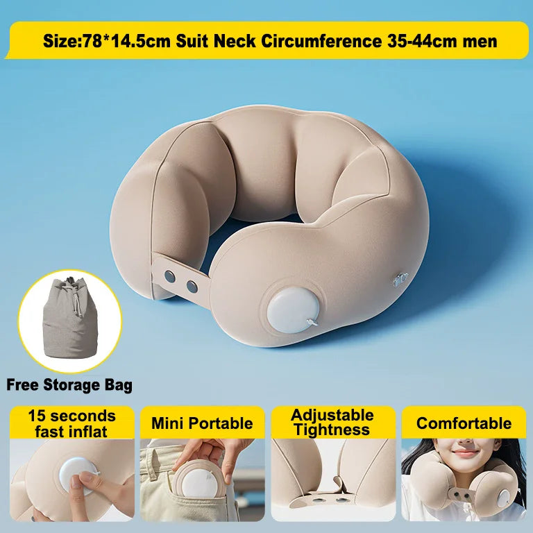 A beige inflatable U-shaped travel neck pillow shown with a storage bag and demonstrating its portable and comfortable featur