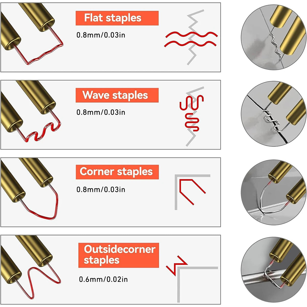 Diagrams showing different types of metal staples: flat, wave, corner, and outsidecorner staples with varying sizes.