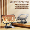 A black aluminum alloy 360° rotating foldable tablet stand holding an Apple iPad in a wooden setting.