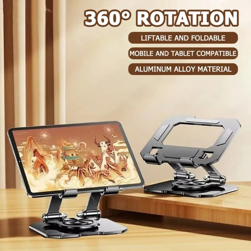 A black aluminum alloy 360° rotating foldable tablet stand holding an Apple iPad in a wooden setting.